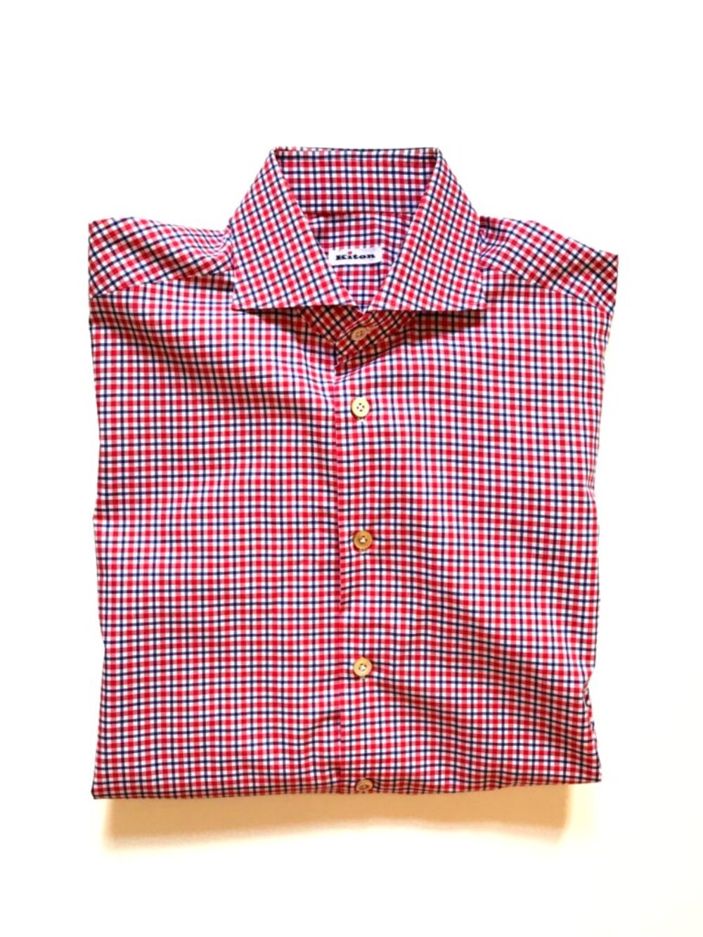 KITON Button Down Sport Shirt Mens 40 16 Red White Blue Check Cotton Long Sleeve